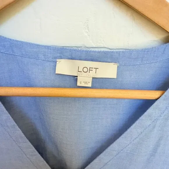 LOFT Women's Light Blue 100% Cotton Flutter Scalloped Sleeve Dress -sz S - Picture 3 of 5